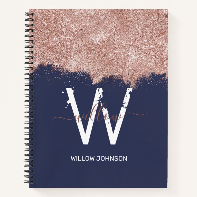 Rose Gold Navy Blue Girl Glitzer Dust Monogram Notizbuch (Vorderseite)