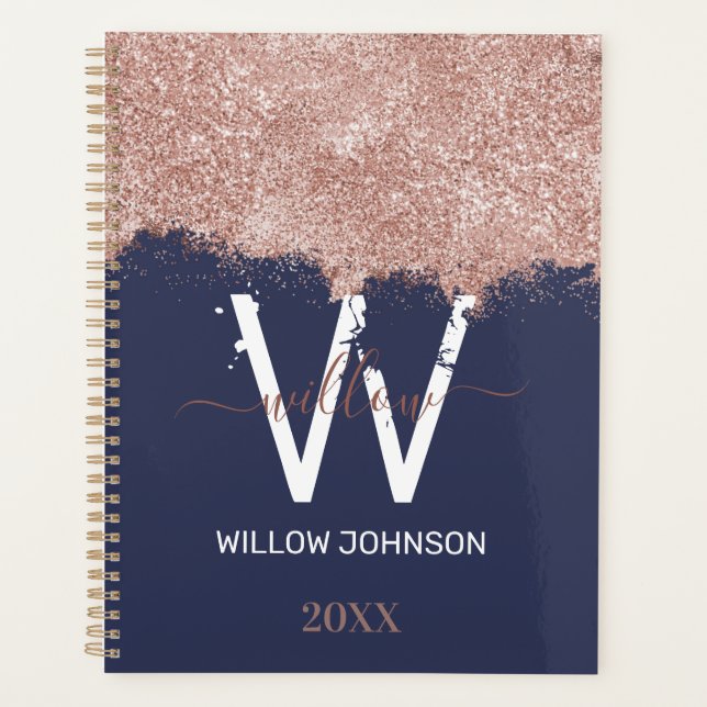 Rose Gold Navy Blue Girl Glitzer Dust Monogram Planer (Vorderseite)