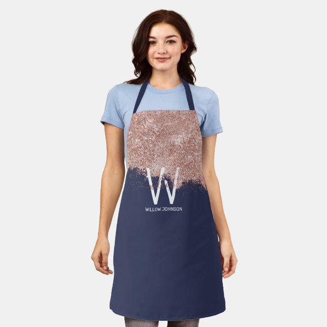 Rose Gold Navy Blue Girl Glitzer Dust Monogram Schürze (Getragen)