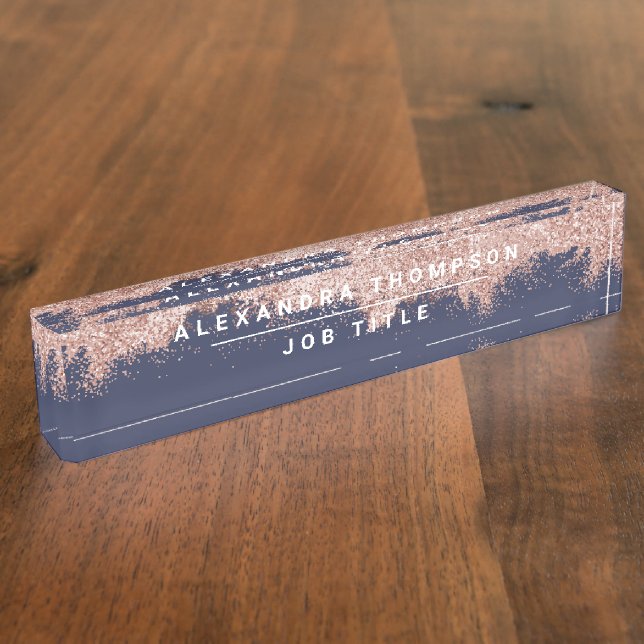 Rose Gold Navy Blue Girl Glitzer Staub Namensplakette (Seite)