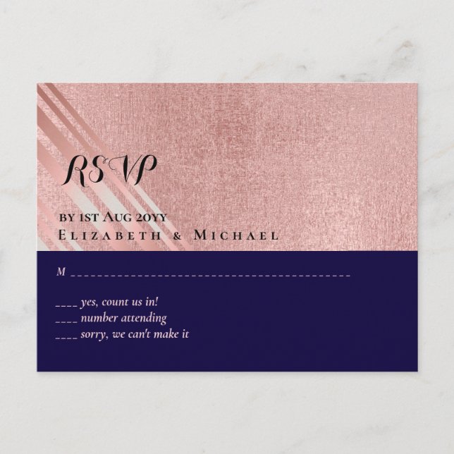 Rose Gold Navy Blue Glitzer Foil Look WEDING Postkarte (Vorderseite)