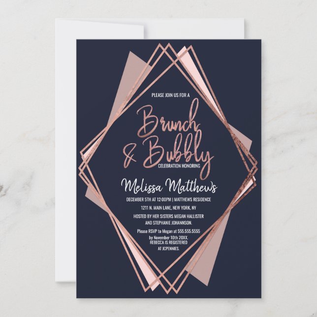 Rose Gold Navy Blue Mauve Geometric Brunch Bubbly Einladung (Vorderseite)
