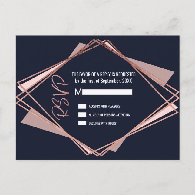Rose Gold Navy Blue Mauve Geometric RSVPs Einladungspostkarte (Vorderseite)