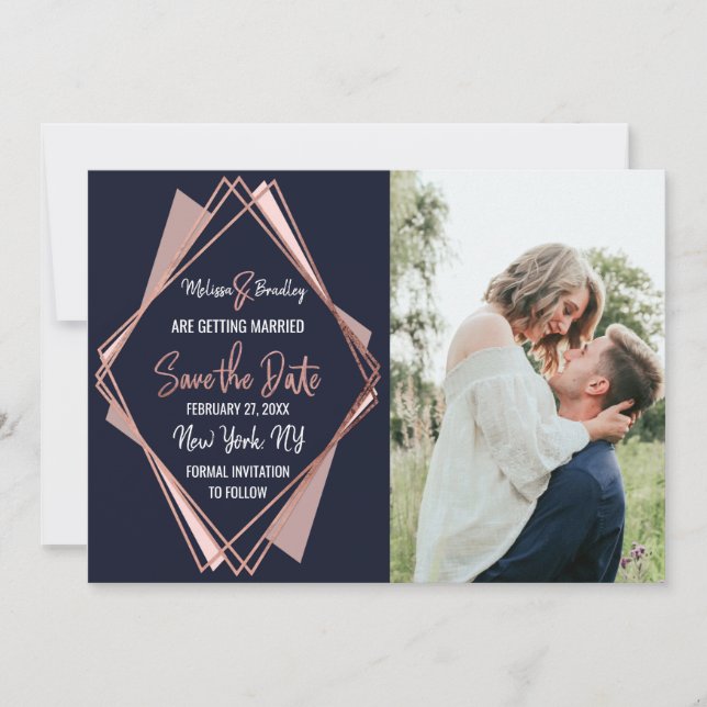 Rose Gold Navy Blue Mauve Geometric Save the Date Einladung (Vorderseite)