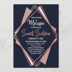 Rose Gold Navy Blue Mauve Geometric Sweet 16 Einladung