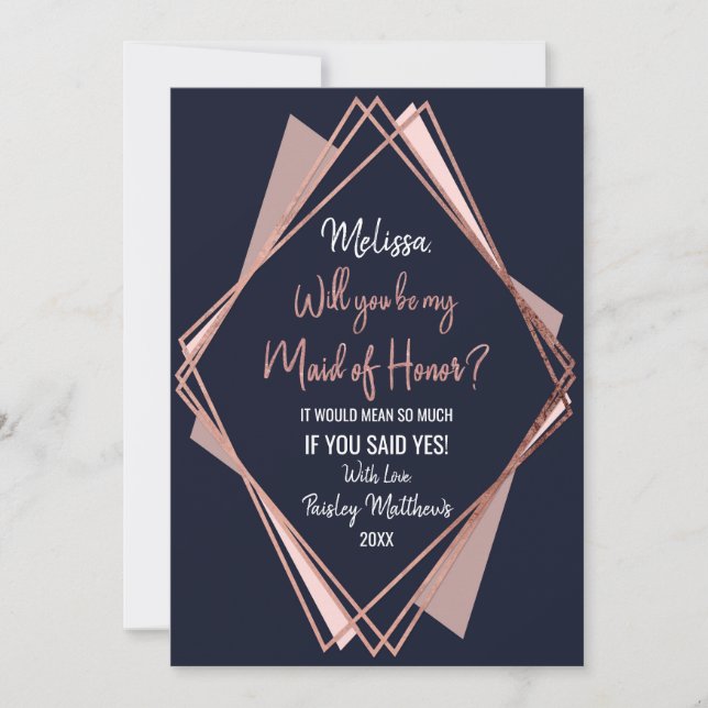 Rose Gold Navy Blue Mauve Geometric Trauzeugin Einladung (Vorderseite)