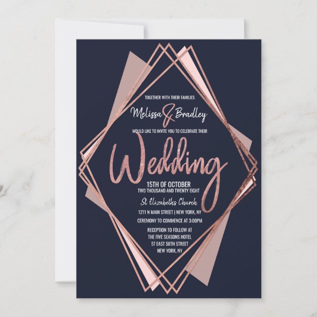 Rose Gold Navy Blue Mauve Geometric Wedding Einladung (Vorderseite)
