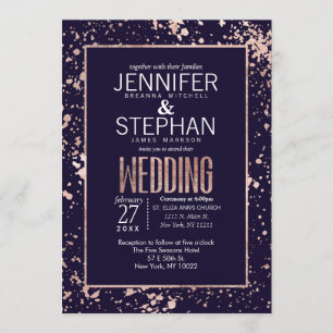Rose Gold Navy Blue Paint Spritzer Hochzeit einlad Einladung