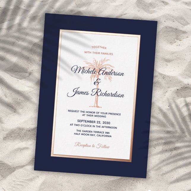 Rose Gold Navy Blue Palm Tree Tropical Wedding Folieneinladung (Rose Gold Navy Blue Palm Tree Tropical Wedding Foil Invitation)