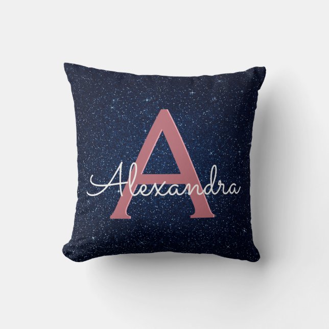 Rose Gold & Navy Blue Sparkle Glitzer Mit Monogram Kissen (Vorderseite)