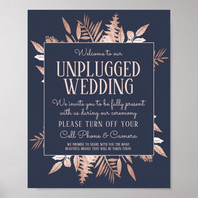 Rose Gold Navy Blue Unplugged Wedding Sign Poster (Vorne)