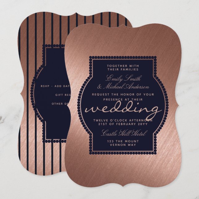 Rose Gold Navy Blue Wedding lädt Metallic ein Einladung (Vorne/Hinten)