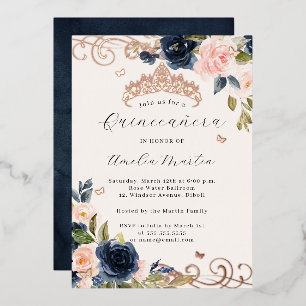 Rose Gold Navy Blush Blumenwirbel Quinceanera Folieneinladung