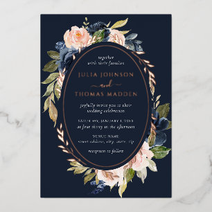 Rose Gold Navy Blush Hochzeitsblumen Laub Folieneinladung
