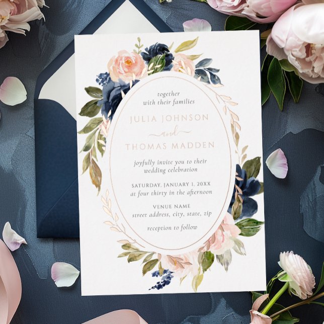 Rose Gold Navy Blush Peach Floral Wedding Folieneinladung (Von Creator hochgeladen)