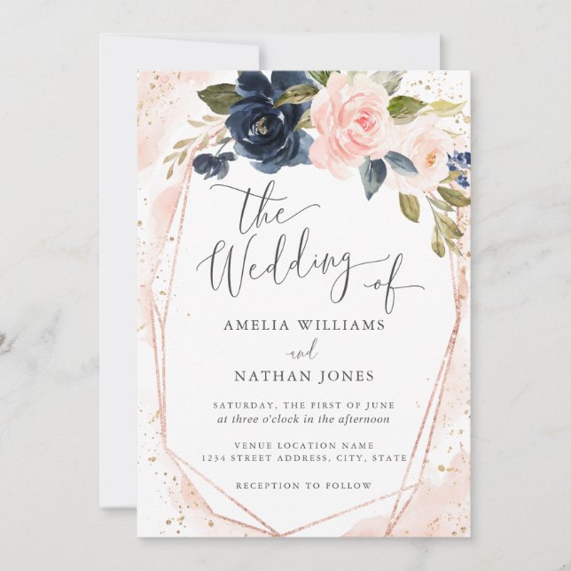 Rose Gold Navy Botanische Wasserfarbenhochzeit Einladung (Vorderseite)