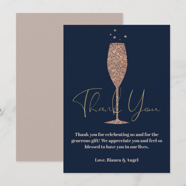 Rose Gold Navy Champagne Bubbly Bridal Vielen Dank Einladung (Vorne/Hinten)