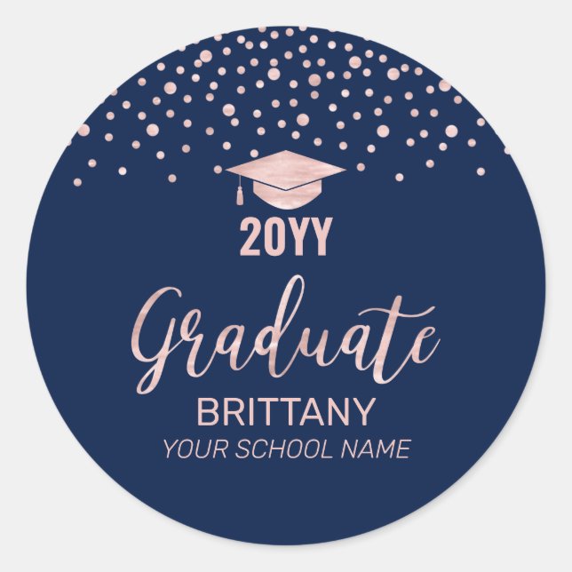 Rose Gold Navy Confetti Graduation Party Runder Aufkleber (Vorderseite)