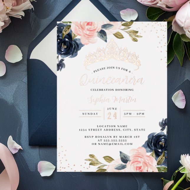 Rose Gold Navy Floral Quinceanera Foil Einladung (Von Creator hochgeladen)