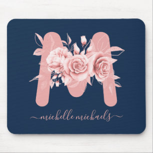 Rose Gold Navy Floral Water Monogram Mousepad