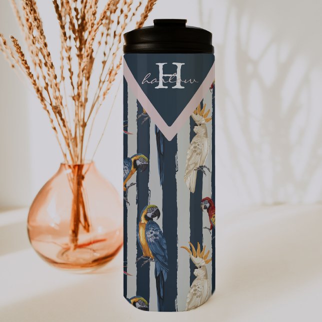 Rose Gold & Navy Geometric Tropical Birds Monogram Thermosbecher (Von Creator hochgeladen)