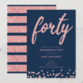 Rose Gold Navy Glitzer 40. Geburtstag Party Einladung