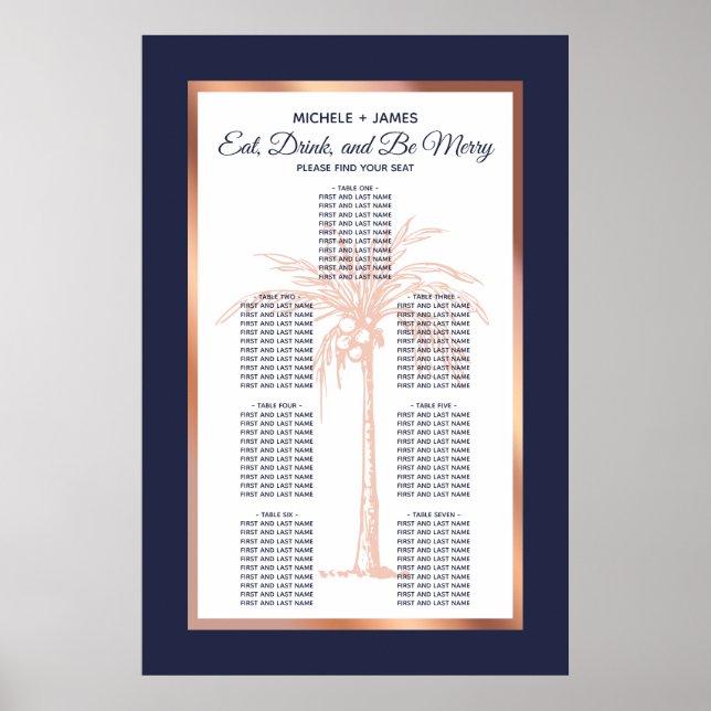 Rose Gold Navy Palm Tropical Wedding Chart Poster (Vorne)