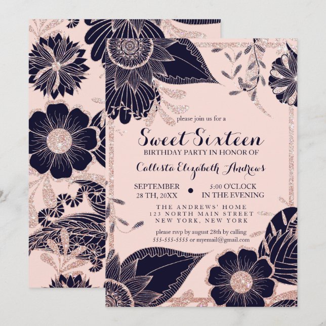 Rose Gold Navy Rosa Blumenstrauß Glitzer Sweet 16 Einladung (Vorne/Hinten)