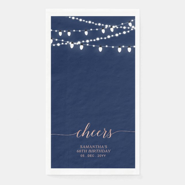 Rose Gold & Navy String Lights Elegante Cheers Serviette (Vorderseite)
