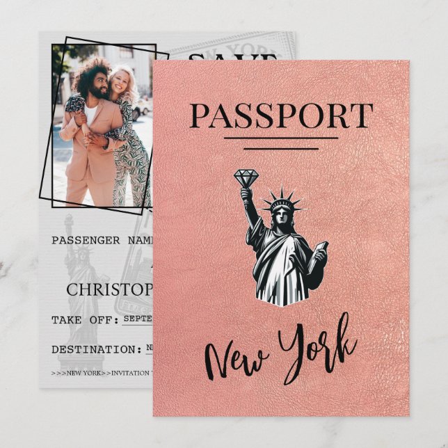 Rose Gold New York City Passport Save the Date (Vorne/Hinten)