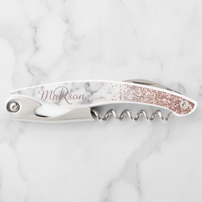Rose Gold Ombre Glitzer Marmorstein Monogramm Kellnermesser (Vorderseite)