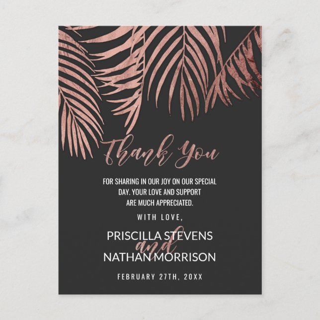 Rose Gold Palm Fronds Black Modern Vielen Dank Postkarte (Vorderseite)