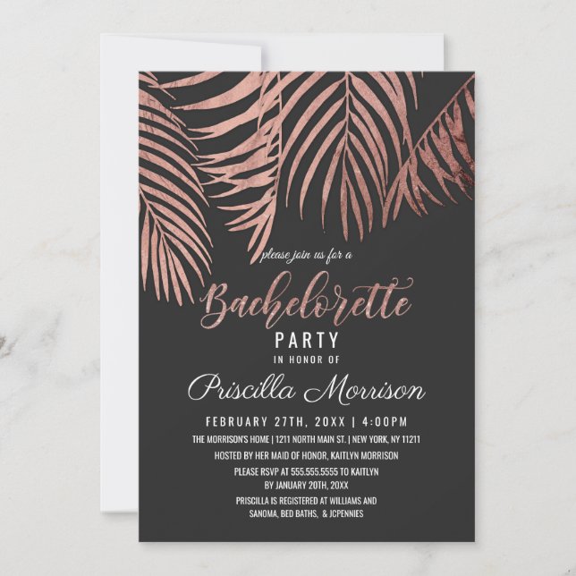 Rose Gold Palm Tree Fronds Black Bachelorette Einladung (Vorderseite)