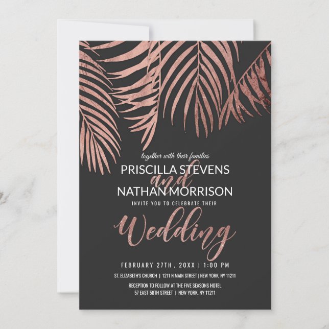 Rose Gold Palm Tree Fronds Black Modern Wedding Einladung (Vorderseite)