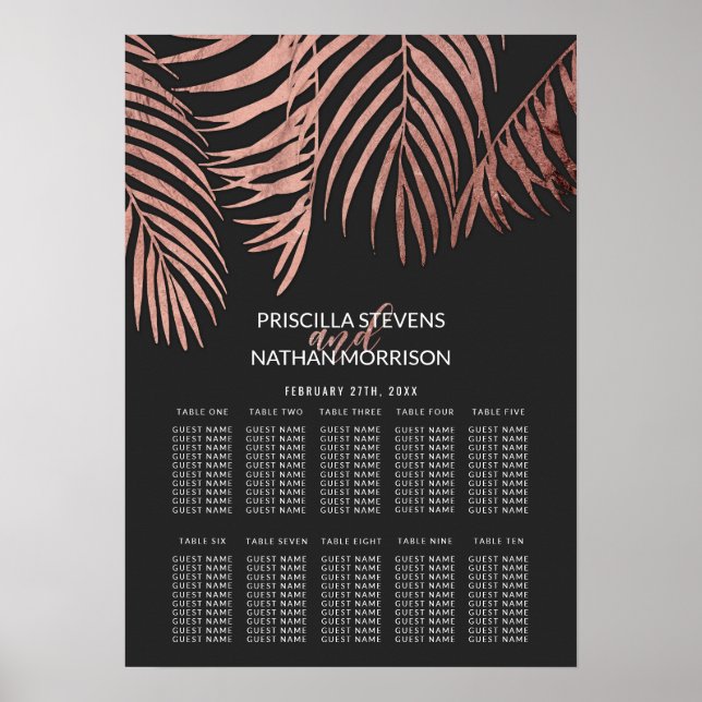 Rose Gold Palm Tree Fronds Black Seating Chart Poster (Vorne)