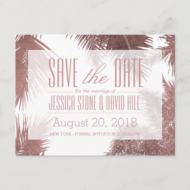 Rose Gold Palm Tree Tropische Hochzeit speichern S Ankündigungspostkarte (Vorderseite)
