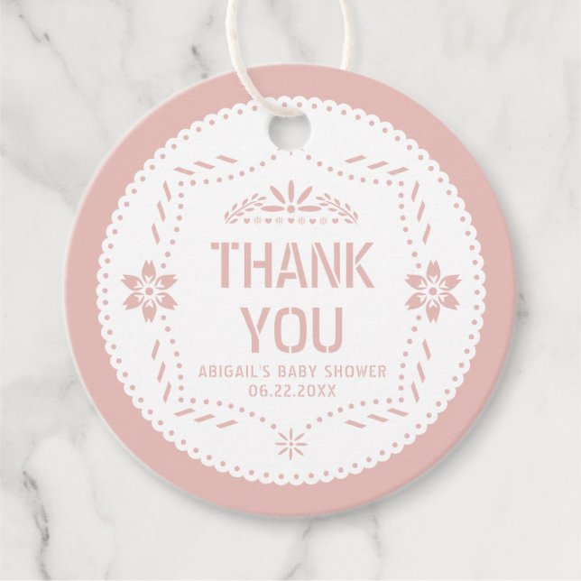 Rose gold papel picado Danke Baby Girl Dusche Geschenkanhänger (Vorderseite)