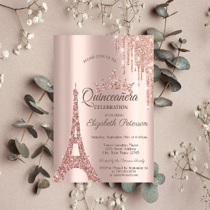 Rose Gold Paris Eiffelturm, Drips Quinceañera Einladung