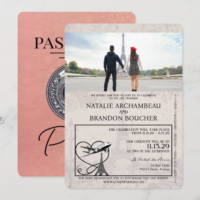Rose Gold Paris Passport Hochzeit Einladung (Vorne/Hinten)