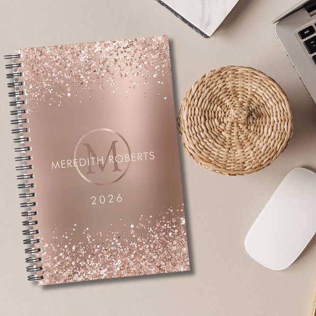 Rose Gold Parties scintillant Monogramme Nom 2026 (Rose Gold Foil Blush Glitter Monogram Name Personalized 2026 Planner)