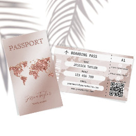 Rose Gold Passport World Map Boarding Pass Visitenkarte