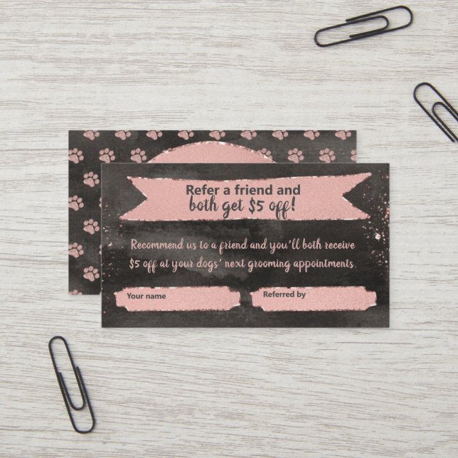 Rose Gold Paw Print Referenzikarte für Hunde Groom Visitenkarte (Vorderseite/Rückseite Beispiel)