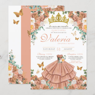 Rose Gold Peach Princess Butterfly Quinceanera Einladung