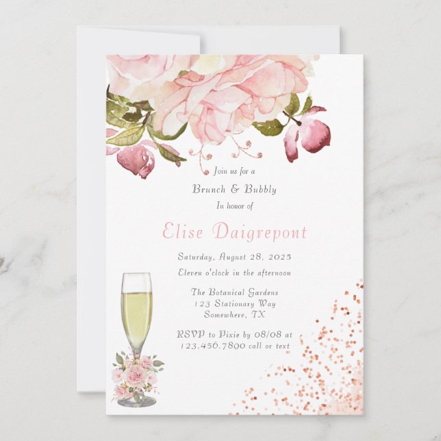 Rose Gold Peony Blume Glitzer Brunch & Bubbly Einladung (Vorderseite)