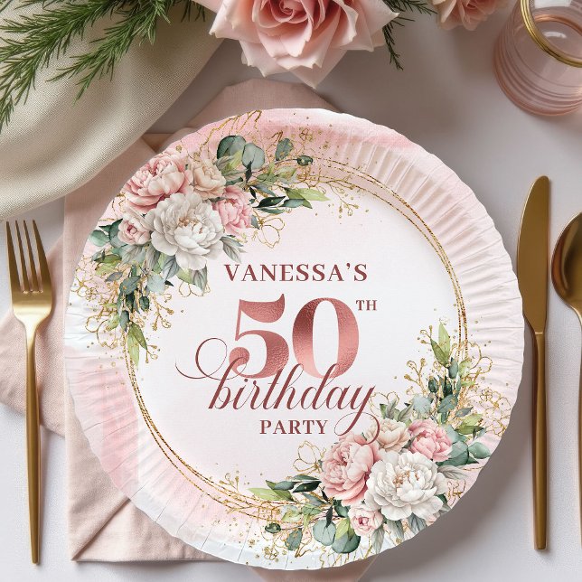 Rose Gold Peony Greenery 50th Birthday Paper Plate Pappteller (Rose Gold Peony Greenery 50th Birthday Paper Plates)