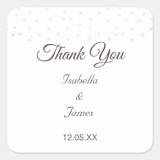 Rose Gold Perlen auf Dankeschön Hochzeitsticker Quadratischer Aufkleber (Vorderseite)