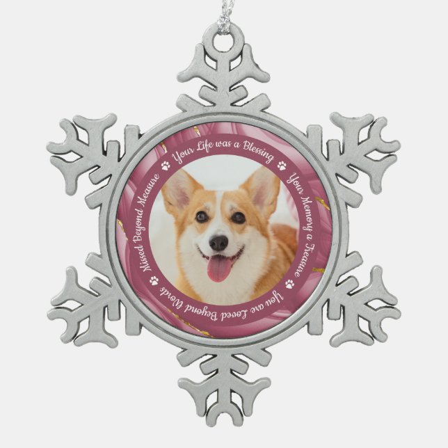 Rose Gold Personalisiert Pet Foto Schneeflocken Zinn-Ornament (Vorderseite)