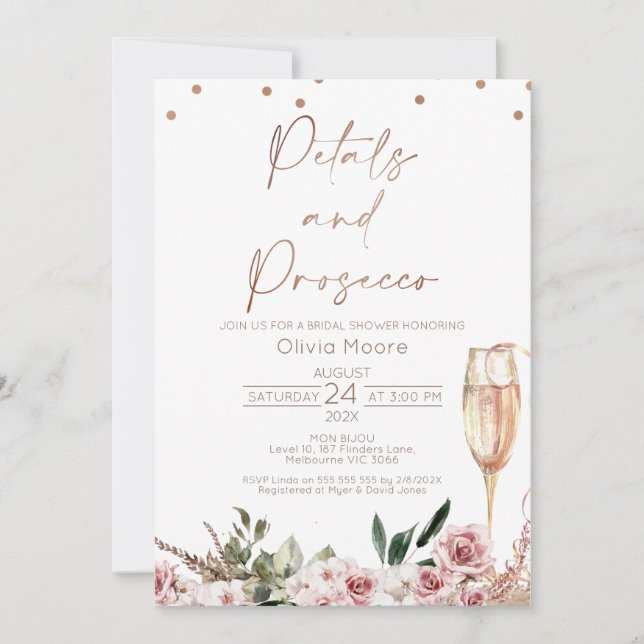 Rose Gold Petals Prosecco Boho Brautparty Einladung (Vorderseite)