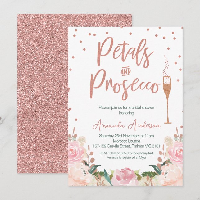 Rose Gold Petals Prosecco Brautparty Einladung (Vorne/Hinten)