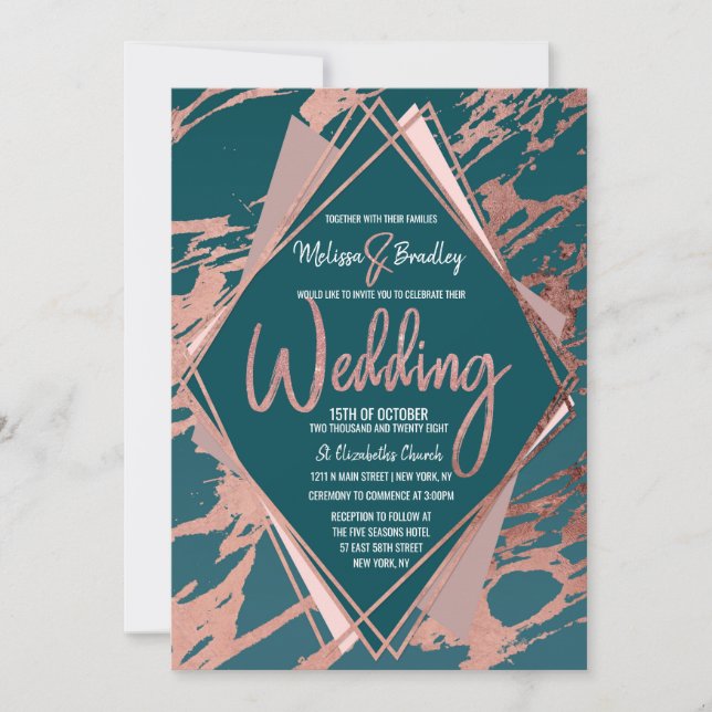 Rose Gold Pfau Aquamariner Marmor Diamant Hochzeit Einladung (Vorderseite)